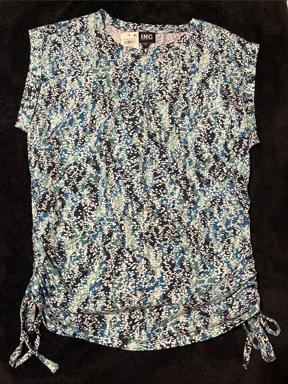 INC International Concepts Blue Floral Print Short Sleeve Tee